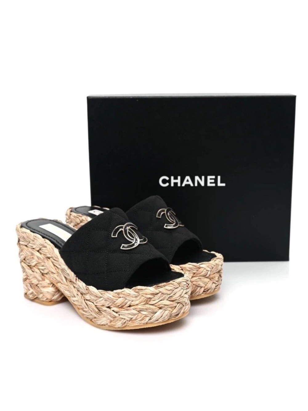 Chanel 25C Platform Raffia CC interlocking logo slides sandal size 37 - Picture 1 of 15